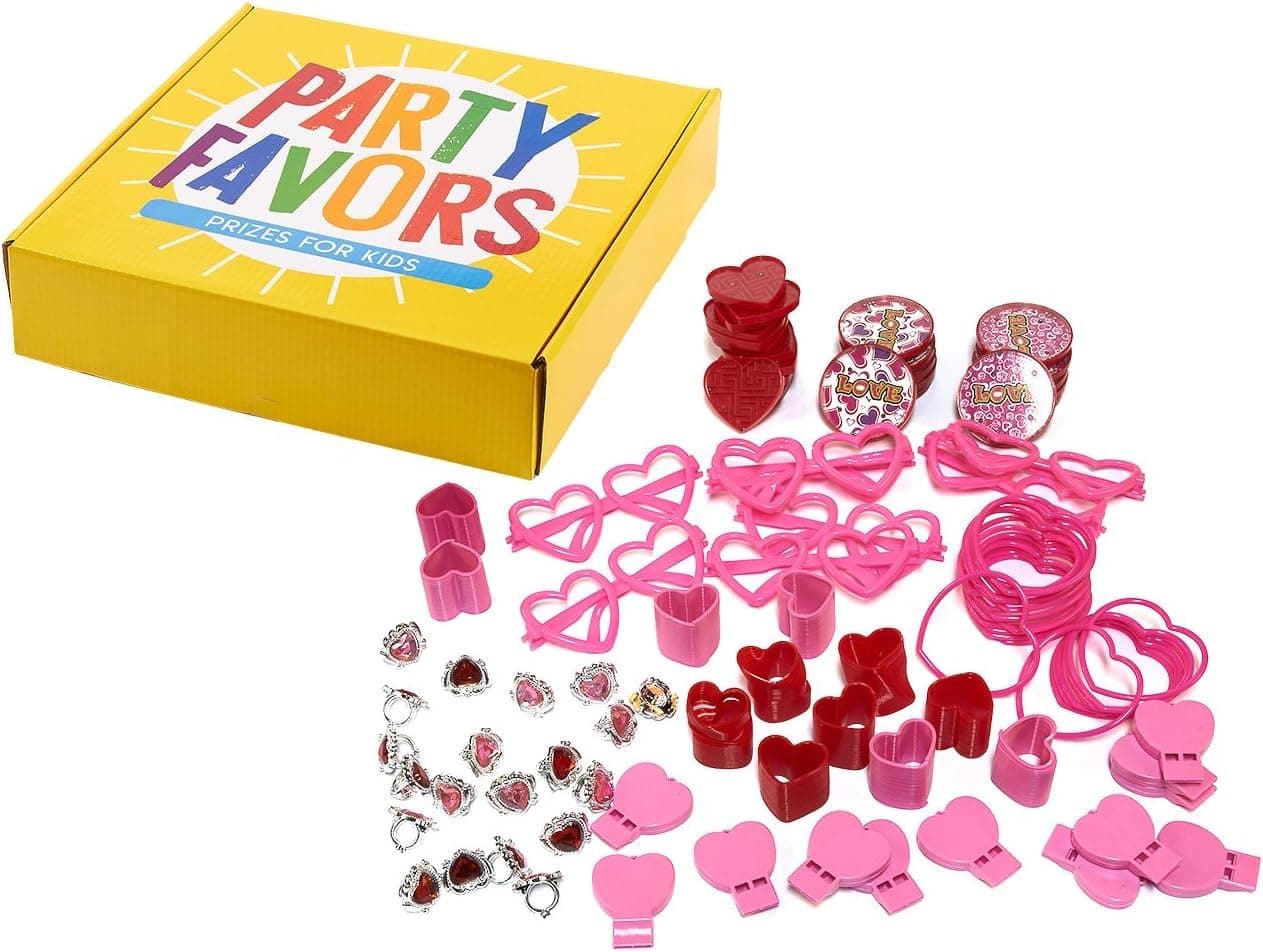 Blue Panda Valentine Day Party Favors – 100-Piece of Valentine Day Toys for Kids, Parties and Gifts, with Bracelet, Glasses, Rings, Whistle, Magic Spring, and Maze