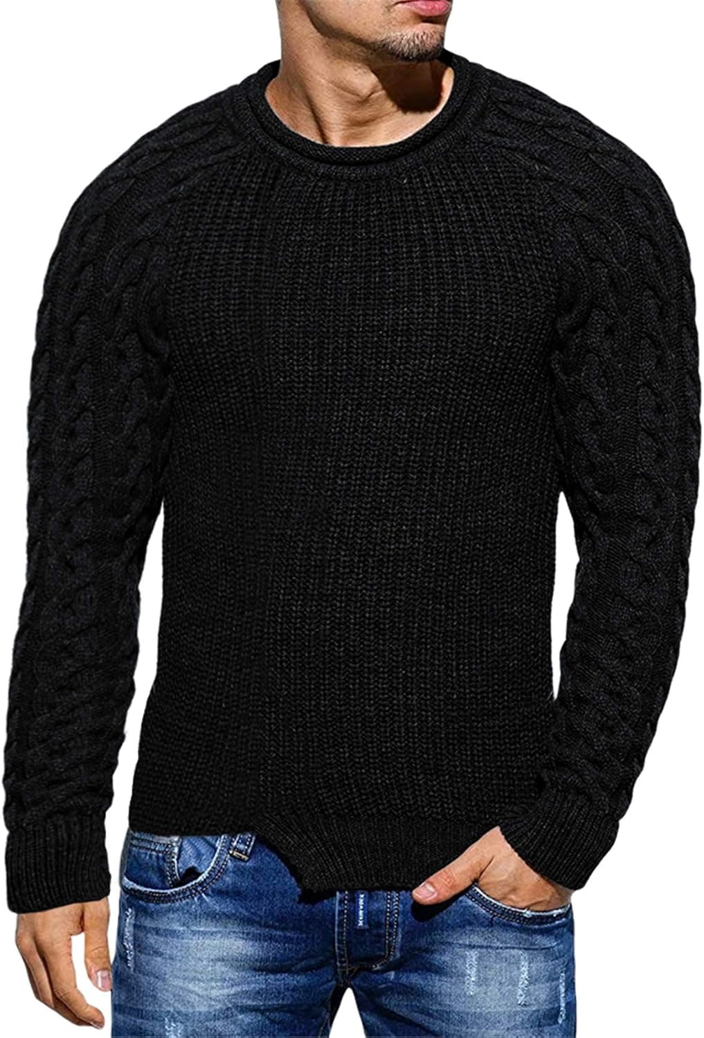 Taoliyuan Mens Pullover Sweater Winter Ribbed Knitted Color Block Comfort Stylish Twisted Long Sleeve Sweaters