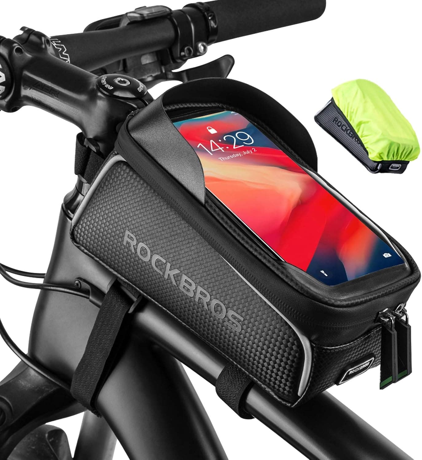 ROCKBROS Bike Bag Top Tube Waterproof Bicycle Frame Bag Touch Screen Bike Pouch Bike Cell Phone Holder for Iphone 12 11 7 8 Plus Xs Max Below 6.7”