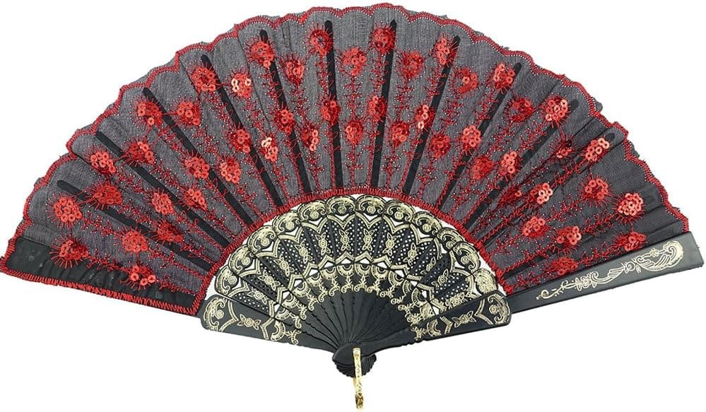 Innolife Elegant Colorful Embroidered Flower Peacock Pattern Sequin Fabric Folding Handheld Hand Fan Hand-Crafted (Red)