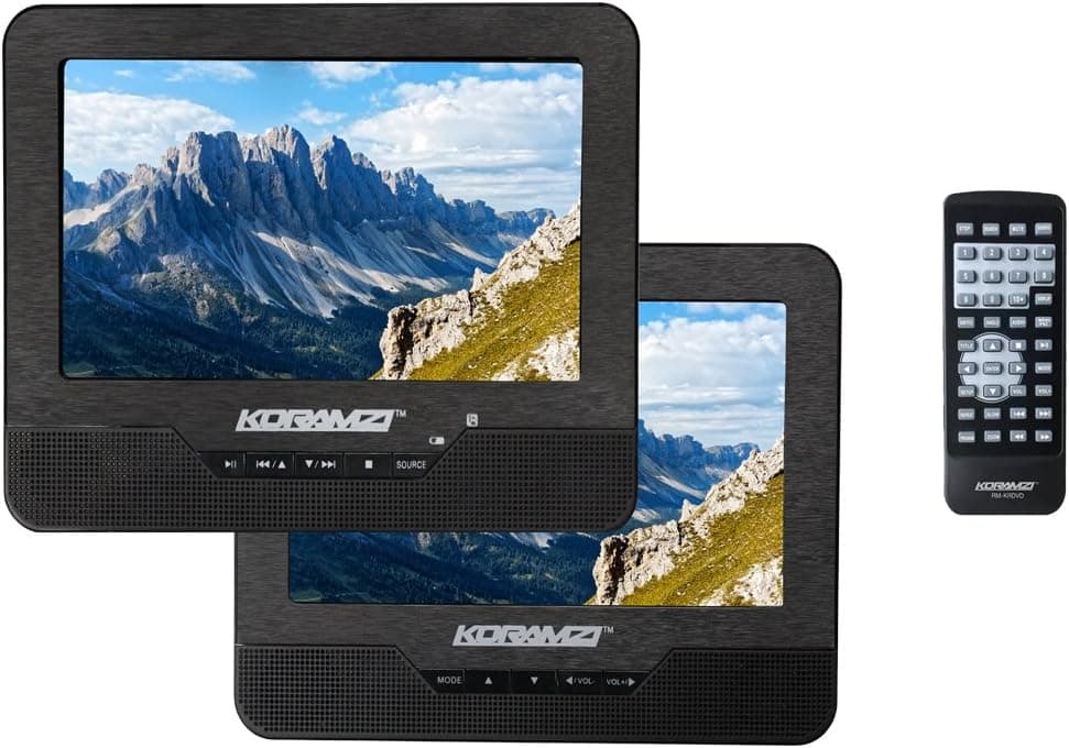 Koramzi Portable 7" Dual Screen DVD Player with Rechargeable Battery/AC Adapter/USB &SD Card Reader/Remote Control/Car Adapter/IR Transmitter Ready/USB/Headrest Mounting Kit/Stereo Earbuds-PDVD-DS7
