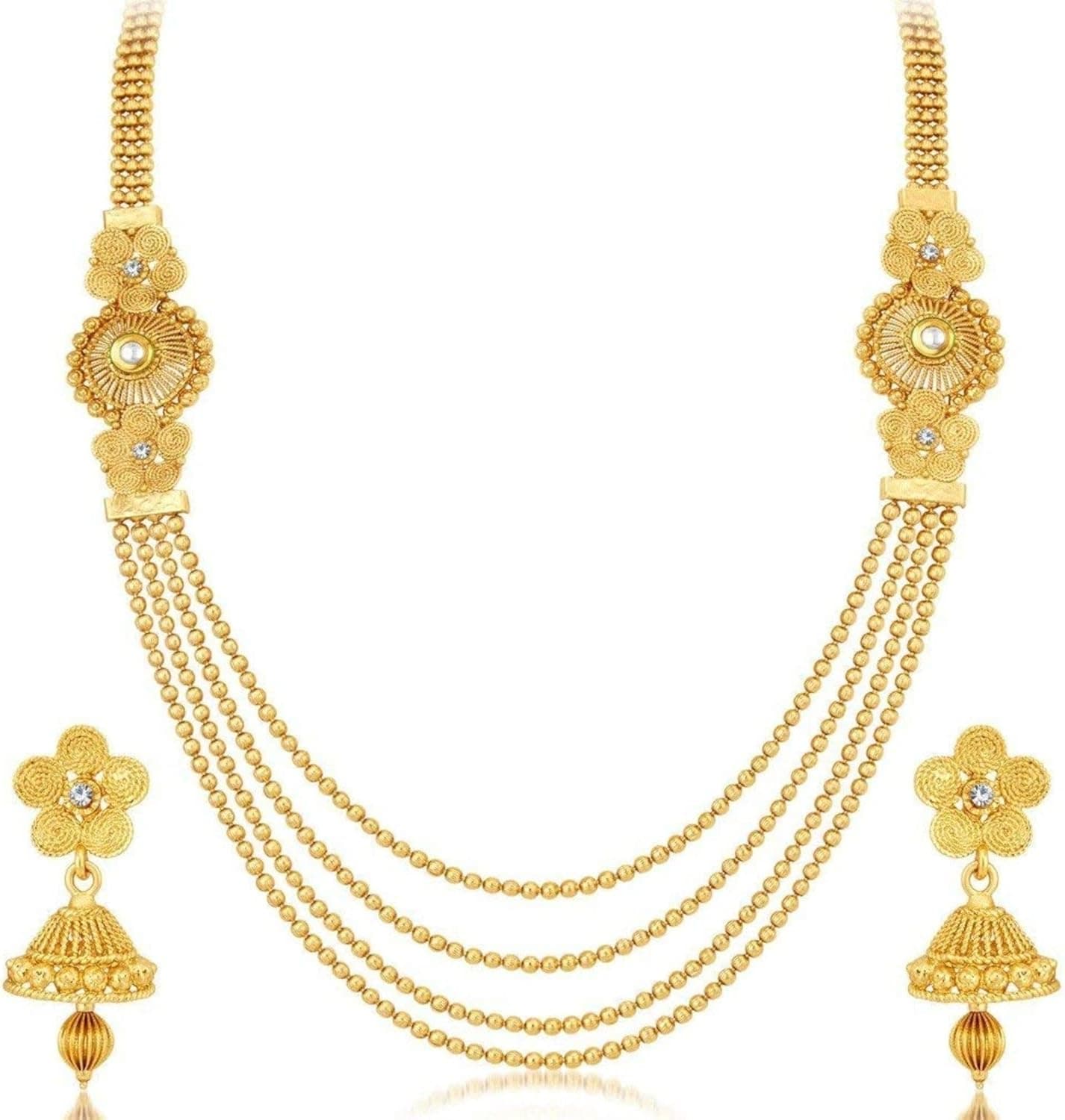 Efulgenz Indian Traditional White Red Green Rhinestone Faux Ruby Emerald Heavy Bridal Designer Multistranded Lariat Style Necklace Set in Antique for Women and Girls