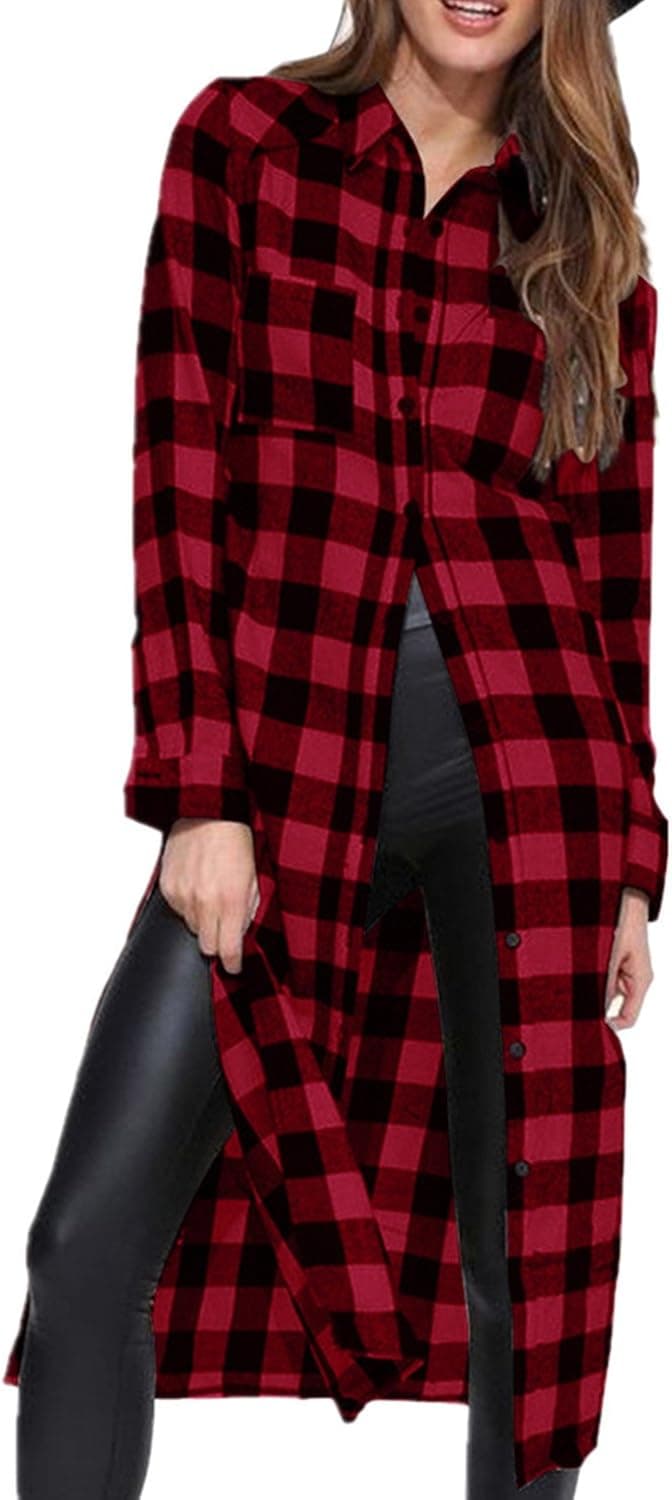 ZANZEA Women Casual Lapel Flannel Plaid Shirt Loose Long Sleeve Button Up Side Slit Jacket Shacket