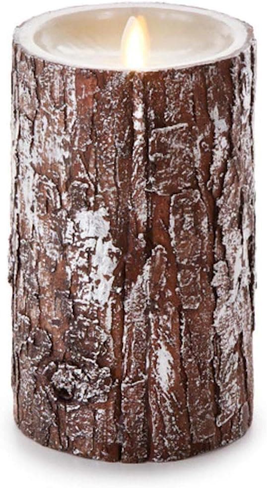 Luminara Unscented Flameless Pillar Candle with REAL BARK | Silver Brush Washed | 4" x 7" Inches