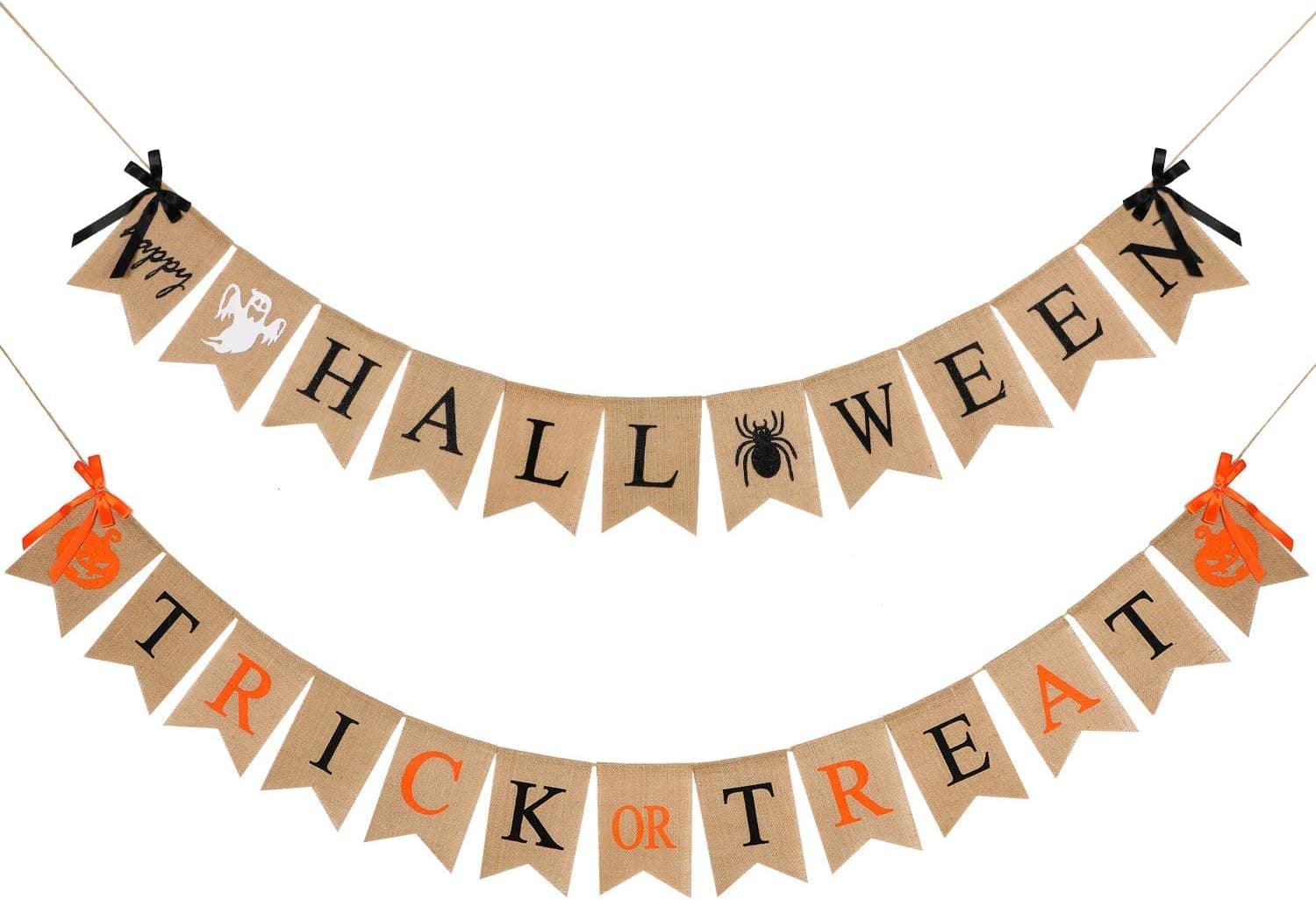 2 Pieces Burlap Happy Halloween Banner Trick or Treat Bunting Halloween Party Burlap Supplies with Bow Tie, Pumpkin, Spider, Ghost Patterns for Indoor and outdoor Parties Decorations
