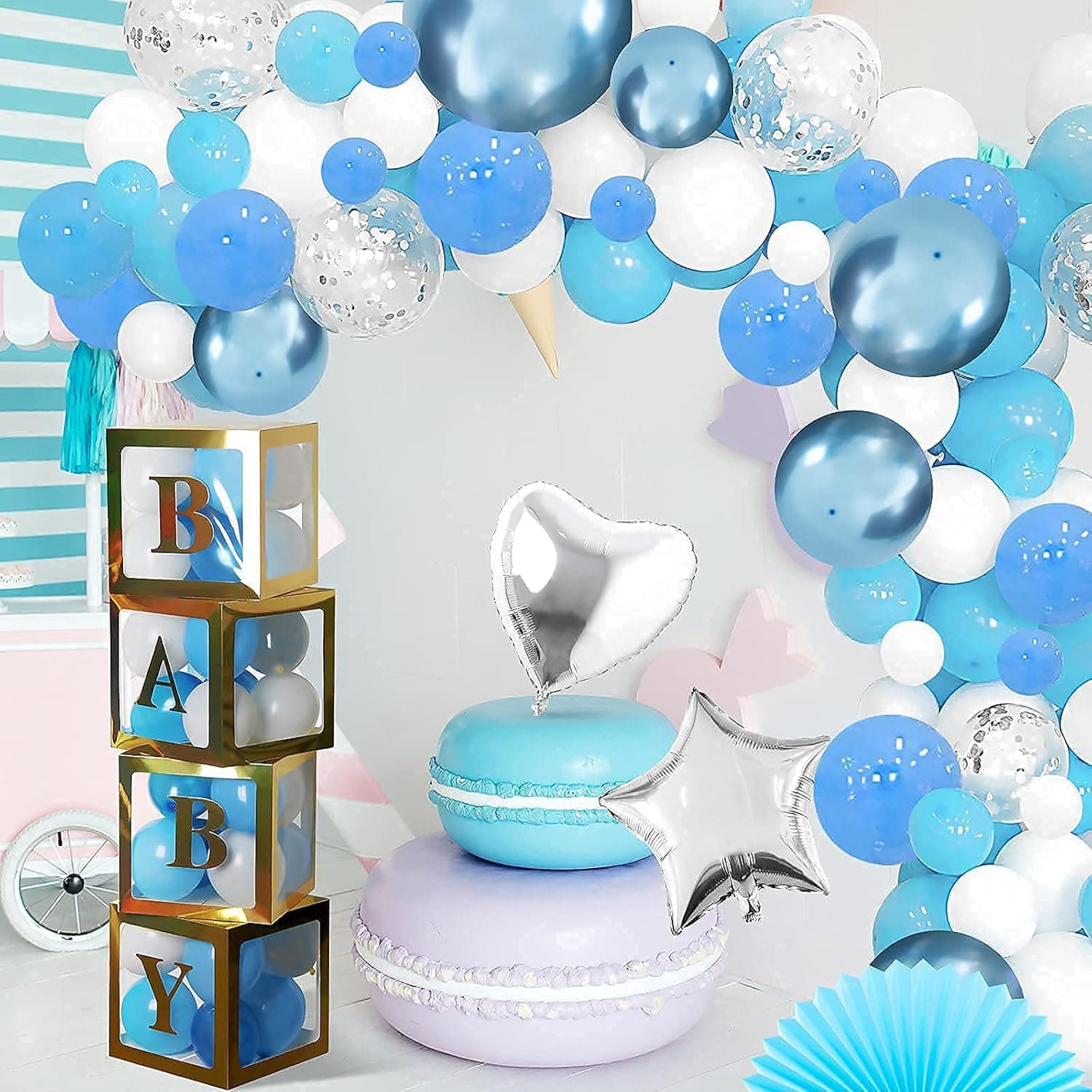 Balloons BABY Boxes for Baby Shower Party Decorations Gold Transparent Baby Letters Block with 124pcs Colorful Balloons Include Blue White Foil Silver Confetti Ballons for Birthday Party Decor
