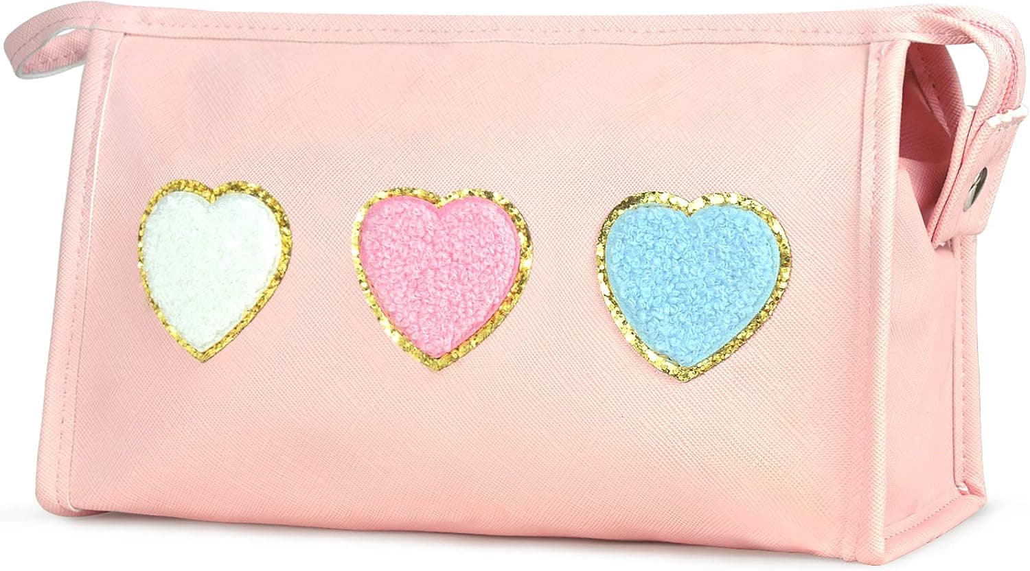 BYXEPA Preppy Heart Makeup Bag with Pocket Cosmetic Bag Waterproof Pink Make up Travel Accessories Case Kids Portable Storage for Teen Girls Gift (Pink-Hearts)