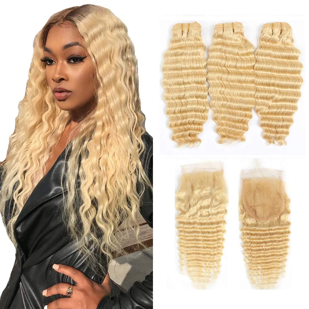 Queen Plus Hair Curly Deep Wave 613 Blonde Virgin Hair 3 Bundles With Lace Closure Brazilian Curly Deep Honey Blonde Human Hair Bundles (10 10 10 with 10, deep 613 hair)