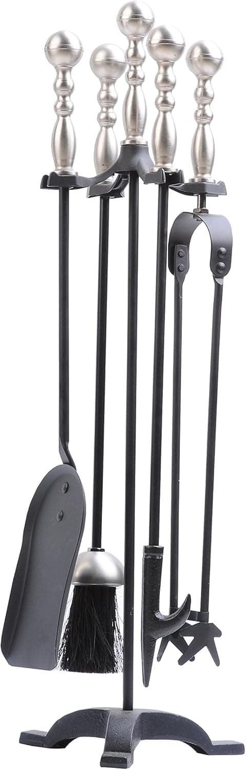 Boone Hearth Antique Handle Fireplace Tool Set w/Poker Brush Tongs Shovel from (Nickel Handle)