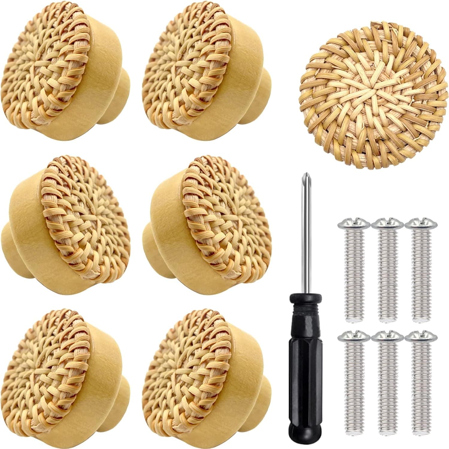 Unarty 6 Pieces Rattan Dresser Knobs, Wooden Drawer Knobs with Screwdriver and Screws, Cabinet Knobs for Cabinets and Drawers, Handmade Wicker Woven Dresser Drawers Pulls, Kitchen Cabinet Knobs