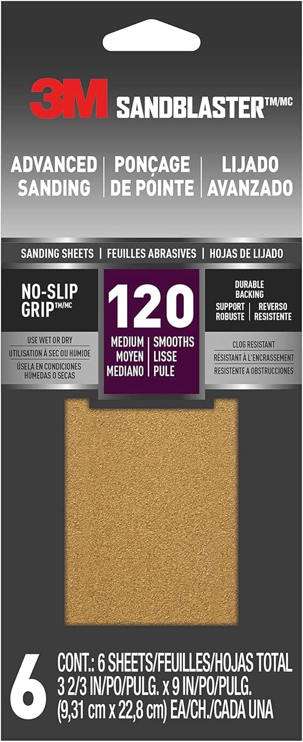 3M 11120-G-6 Sandblaster Slip Grip Backing, Gold, 3-2/3 in. x 9 in, 120 Grit, 6 Sheets, 10-Packs Total Sandpaper, 10 Pack