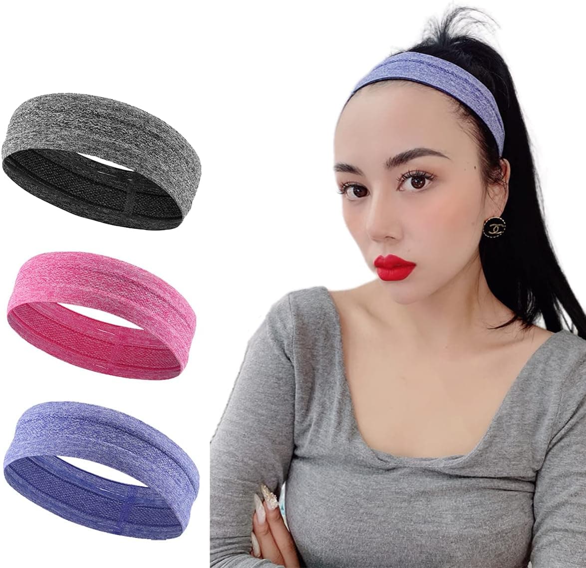 NJKLF, Headband,Sweat Bands,Headbands for Women Non Slip,Workout Headbands,Running Headband, Gray,Purple,pink
