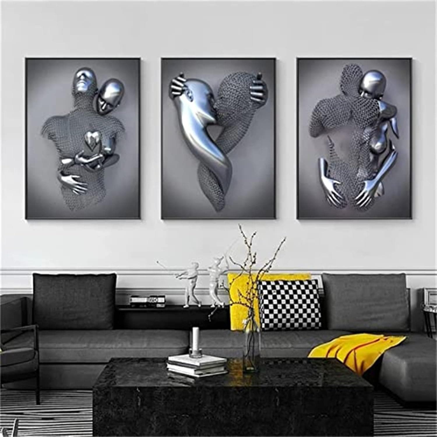 3D Metal Figure Statue Art Couple Love Heart Kiss Pictures Wall Art Canvas Print Poster Drawing Decor for Home Living Room Bedroom Office - Without Frame (60x80cm)