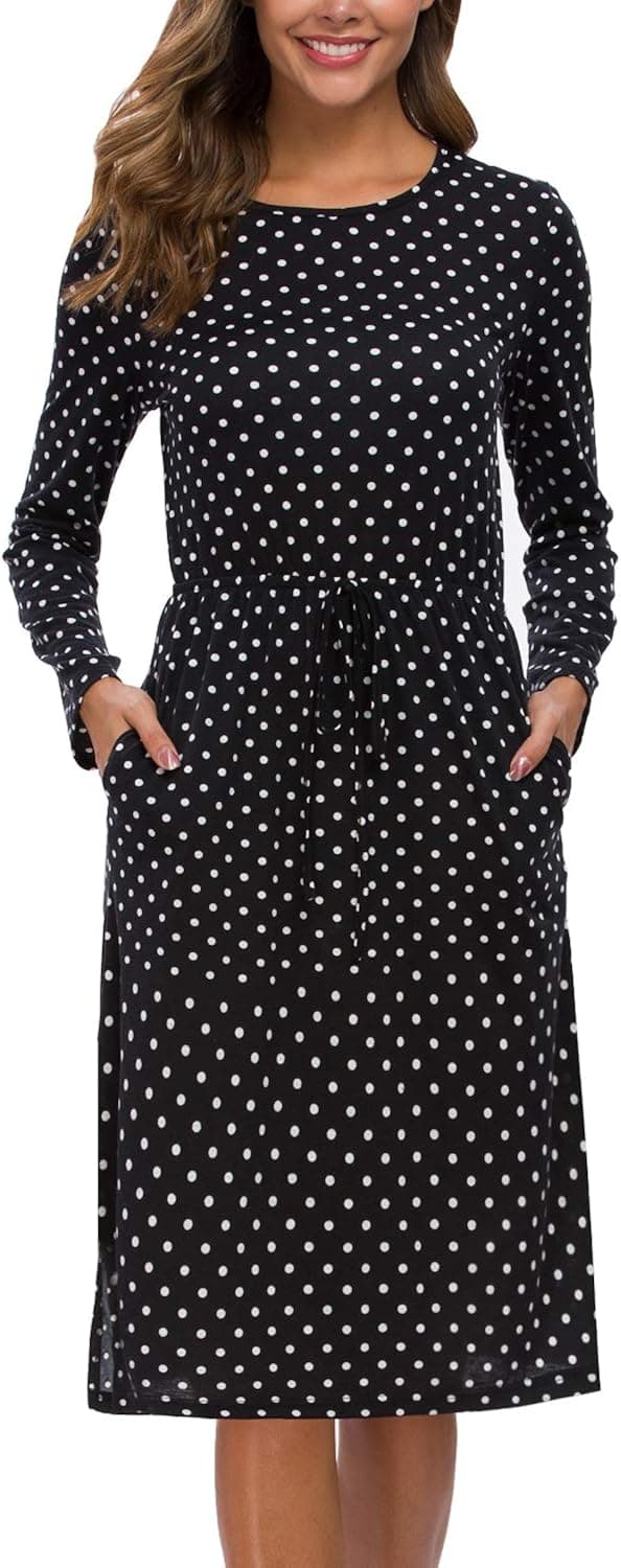 Women Long Sleeve Elastic Waist Polka Dots Midi Work Dress with Pockets Black XL