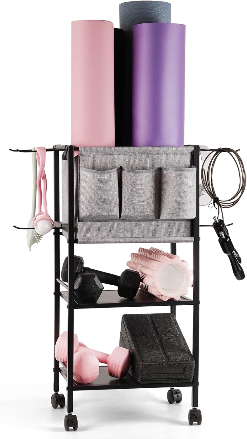 Retyion Yoga Mat Storage Rack Home Gym Storage Yoga Mat Storage Holder Home Exercise Equipment with Hooks and Pockets for Yoga Mat, Foam Roller, Dumbbell, Kettlebell, with Mobile Wheels