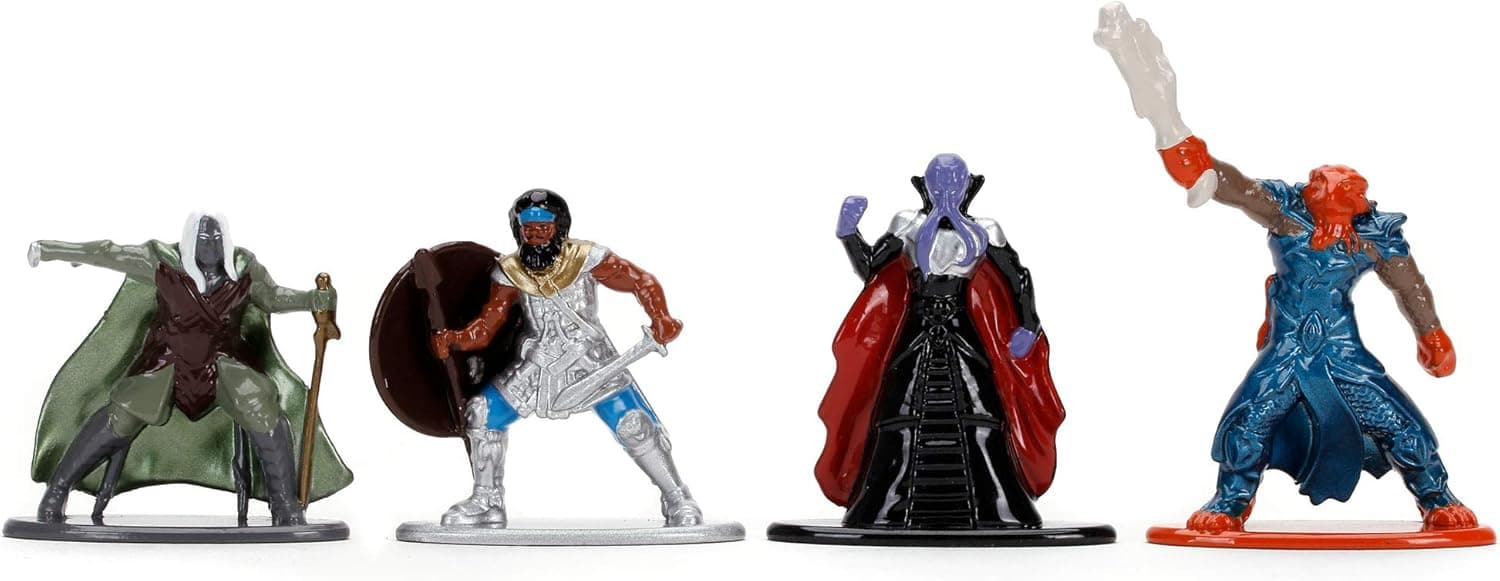 Jada Toys Dungeons & Dragons Nanofigs Set of 4 Nano Collectable Figures Die-Cast, Drizzt Drow Elf Ranger, Human Fighter, Dragonborn Cleric, Mind Flayer, Toy Figures 4 Pieces/Set, 4 cm, Ages 12 and Up