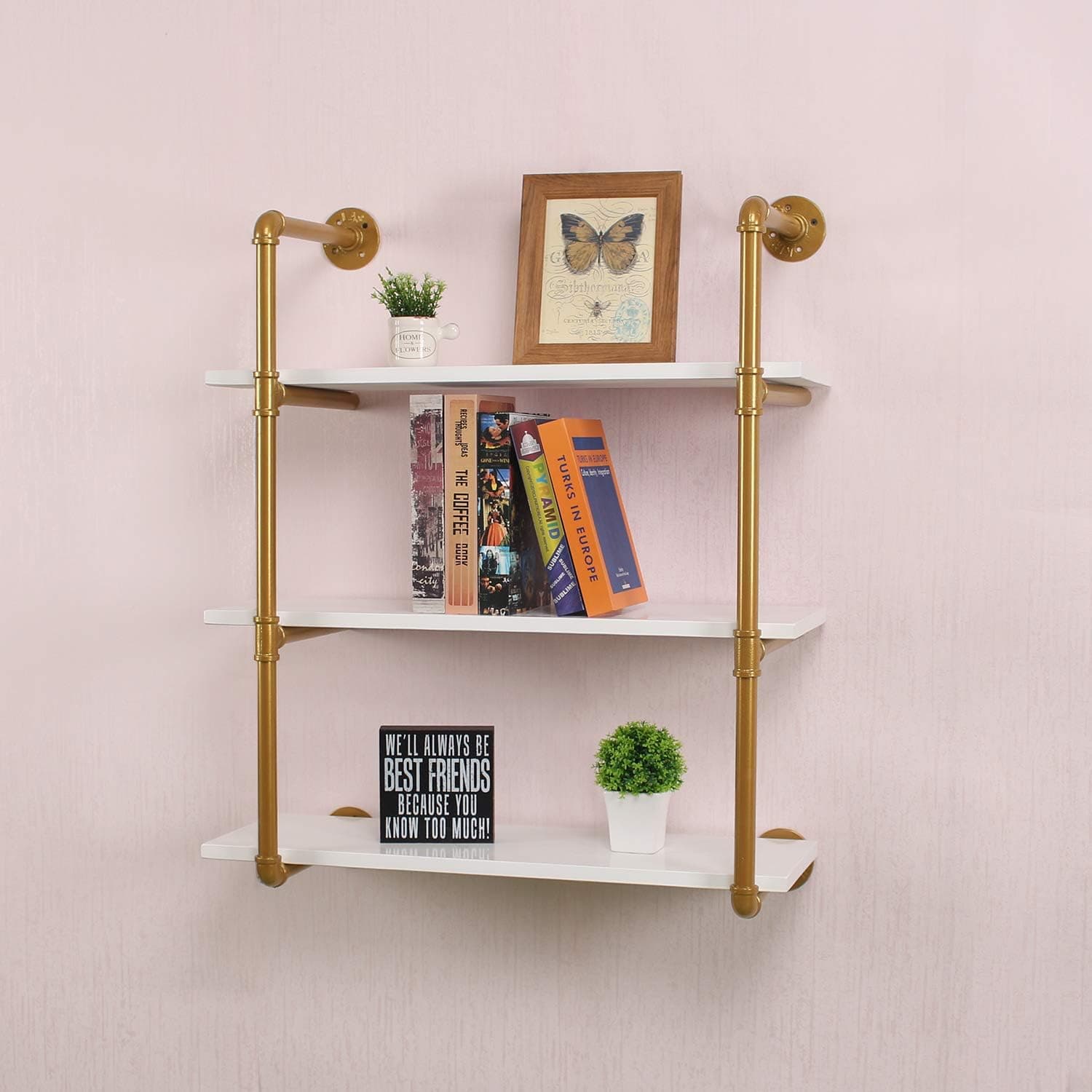 MBQQ Industrial Retro Pipe Shelf 30in 3 Tier Wall Mounted,Rustic Floating Shelves,Farmhouse Kitchen Bar Shelving,Home Decor Book Shelves,DIY Bookshelf Hanging Wall Shelves,Golden