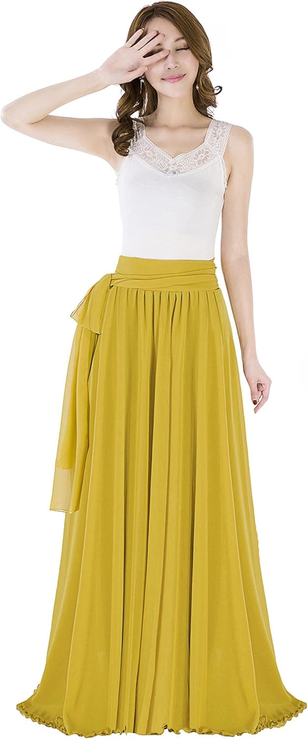 Summer Chiffon High Waist Pleated Big Hem Floor/Ankle Length Beach Maxi Skirt for Women Wedding Party Long Skirts