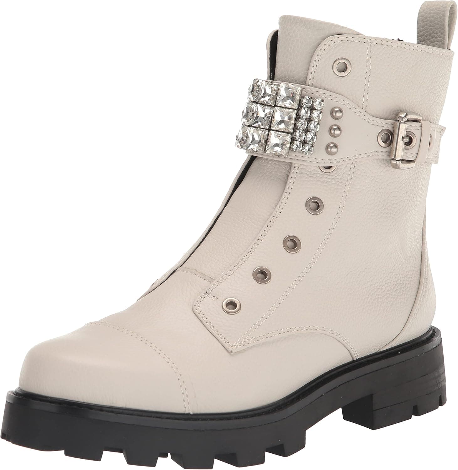Karl Lagerfeld Paris Women's Lug-Sole Maeva Combat Boot with a Crystal Detailed Fashion