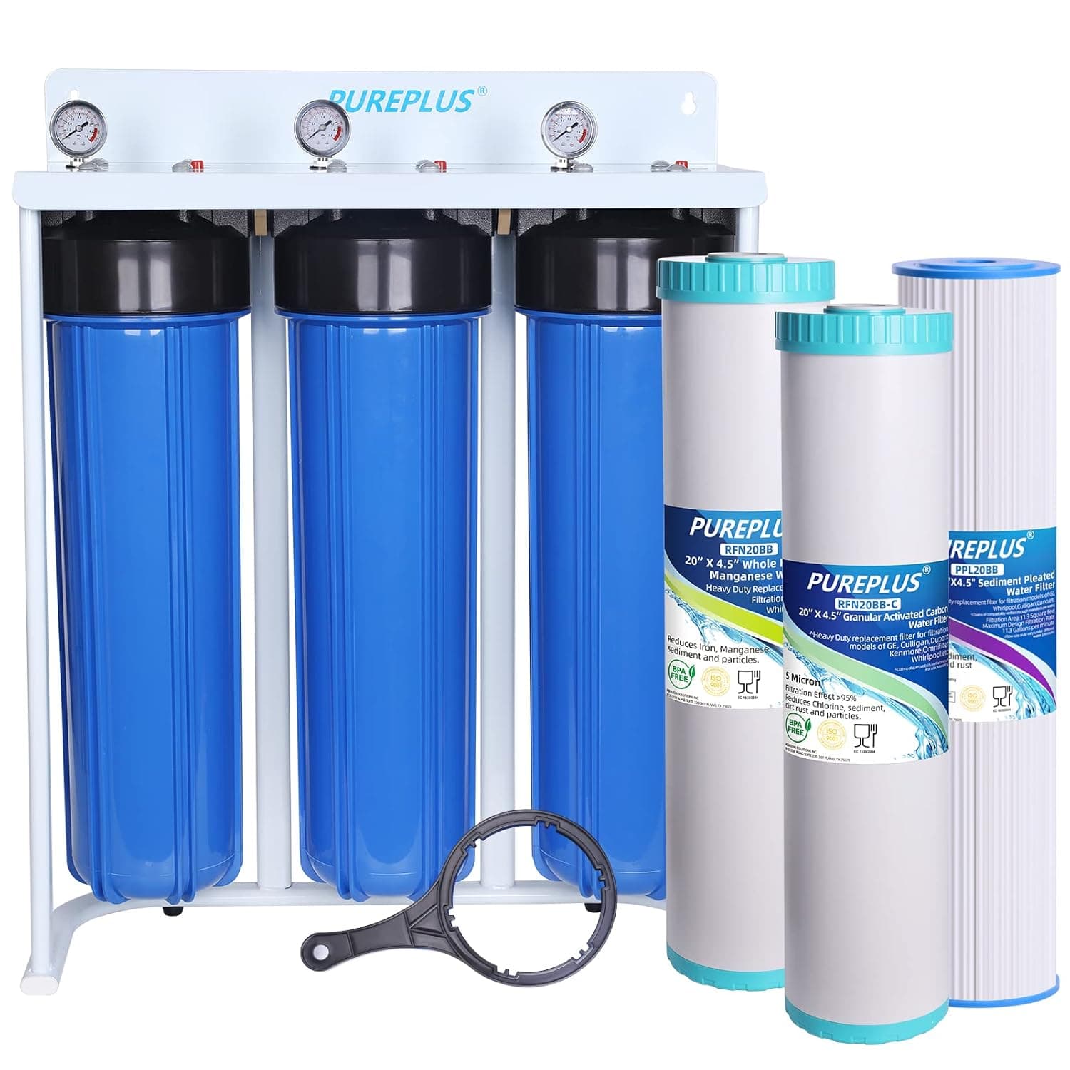 PUREPLUS Whole House Water Filter, 3 Stage 20" Home Water Filtration System, Pleated Sediment, Carbon, Iron &Manganese Reducing Filter, Includes Pressure Gauges, Easy Release, Freestanding Steal Frame