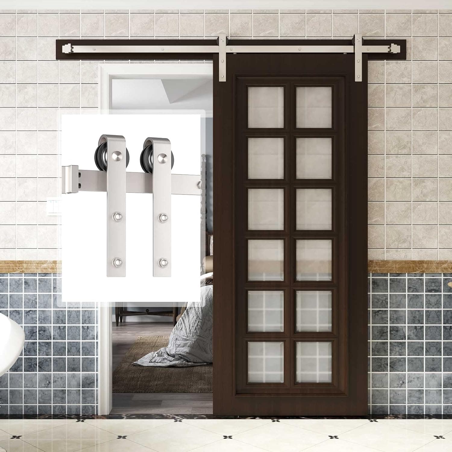 ROYMELO 6.6 FT Brushed Nickel Barn Door Hardware Track Kit Silver, Smooth and Quiet Sliding, Assembly Easy, Fit 40" Wide Single Doors (J Shape Hanger)