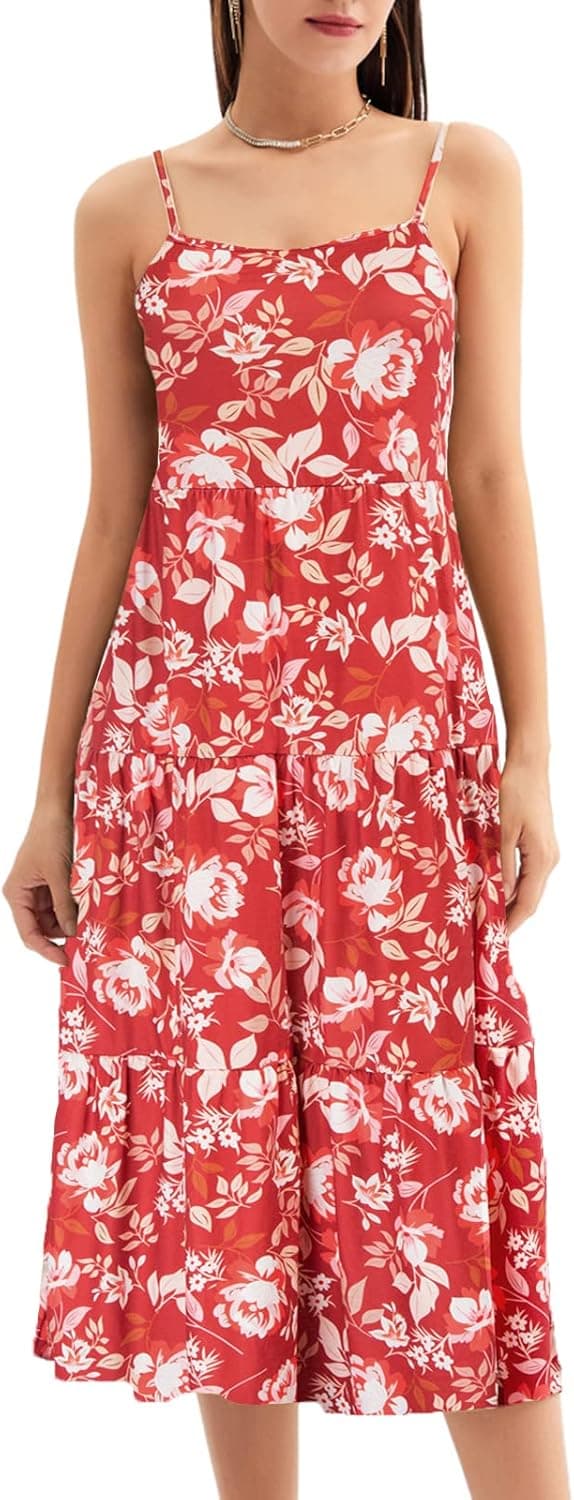 GRACE KARIN Women's Spaghetti Strap Dress Flowy Swing Pleated Skater Dress Red-Floral L