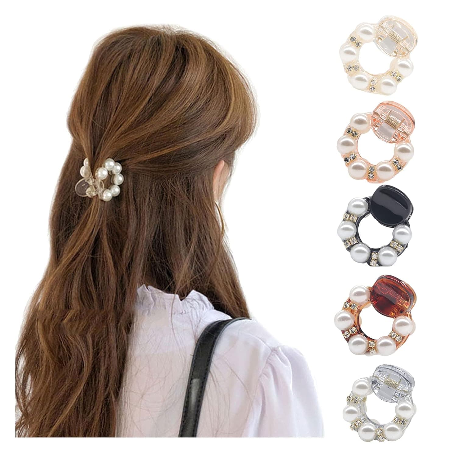5Pack Sweet Mini Pearl Hair Clips for Women Girls Hair Claw Chic Barrettes Claw Crab Hairpins Styling Fashion Hair Accessories (Round)