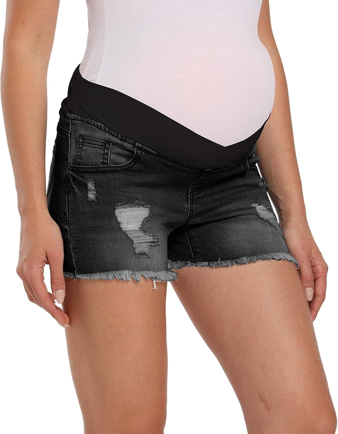 Foucome Maternity Shorts for Women Underbelly Wide Elastic Band Waist Denim (Black Ink, XL)