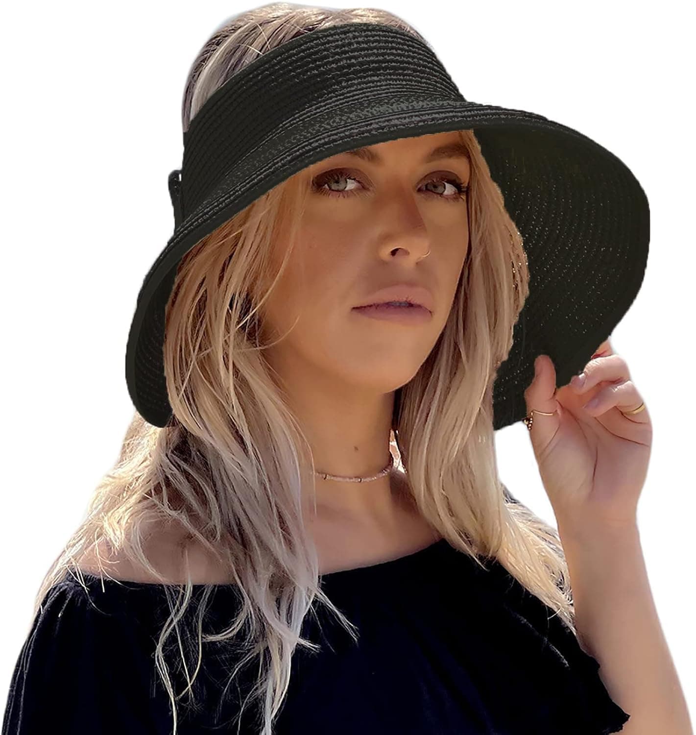 Sun Visors for Women Beach Hats Straw Summer Floppy Wide Brim Packable UV Protection Roll-Up for Hair Buns Black Foldable Travel