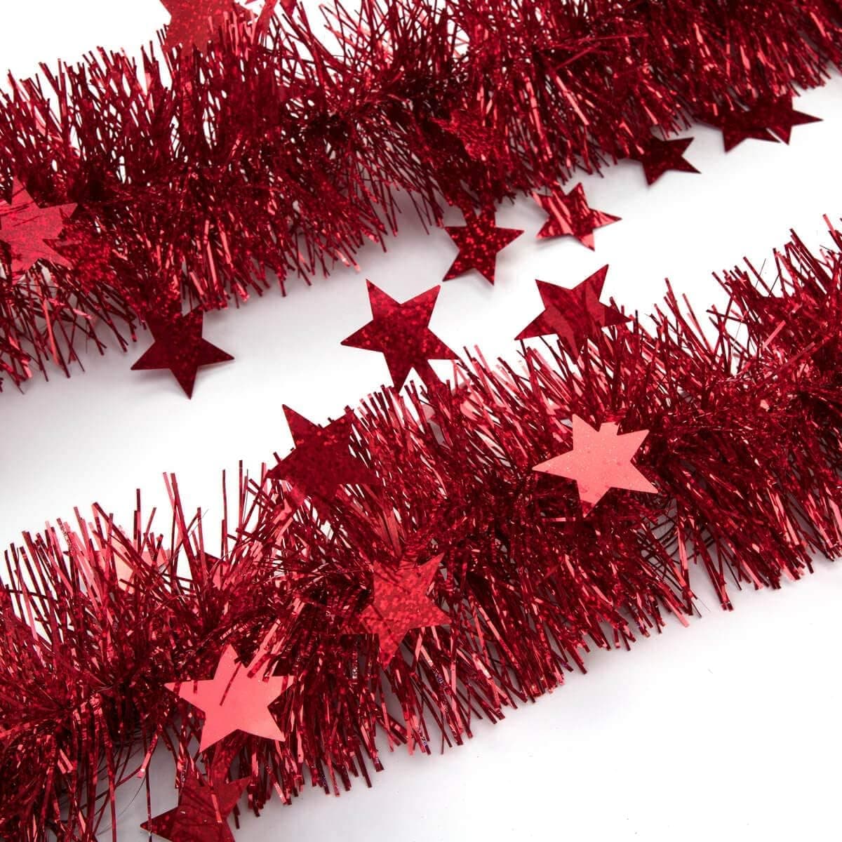ARCCI Red Christmas Tinsel Garland Star Sparkly Hanging, 1PCS 20ft Classic Thick Colorful Reflections Shiny Sparkly Soft Party Hanging Tinsel Ornaments Ceiling Xmas Tree Decorations, 3.5 inch Wide