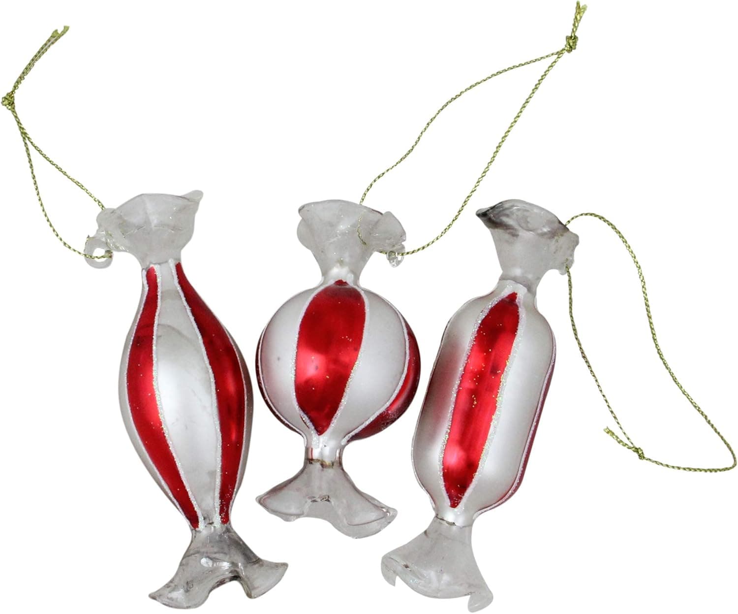 3ct Red and White Shiny Striped Candy Glass Christmas Ornaments 4"
