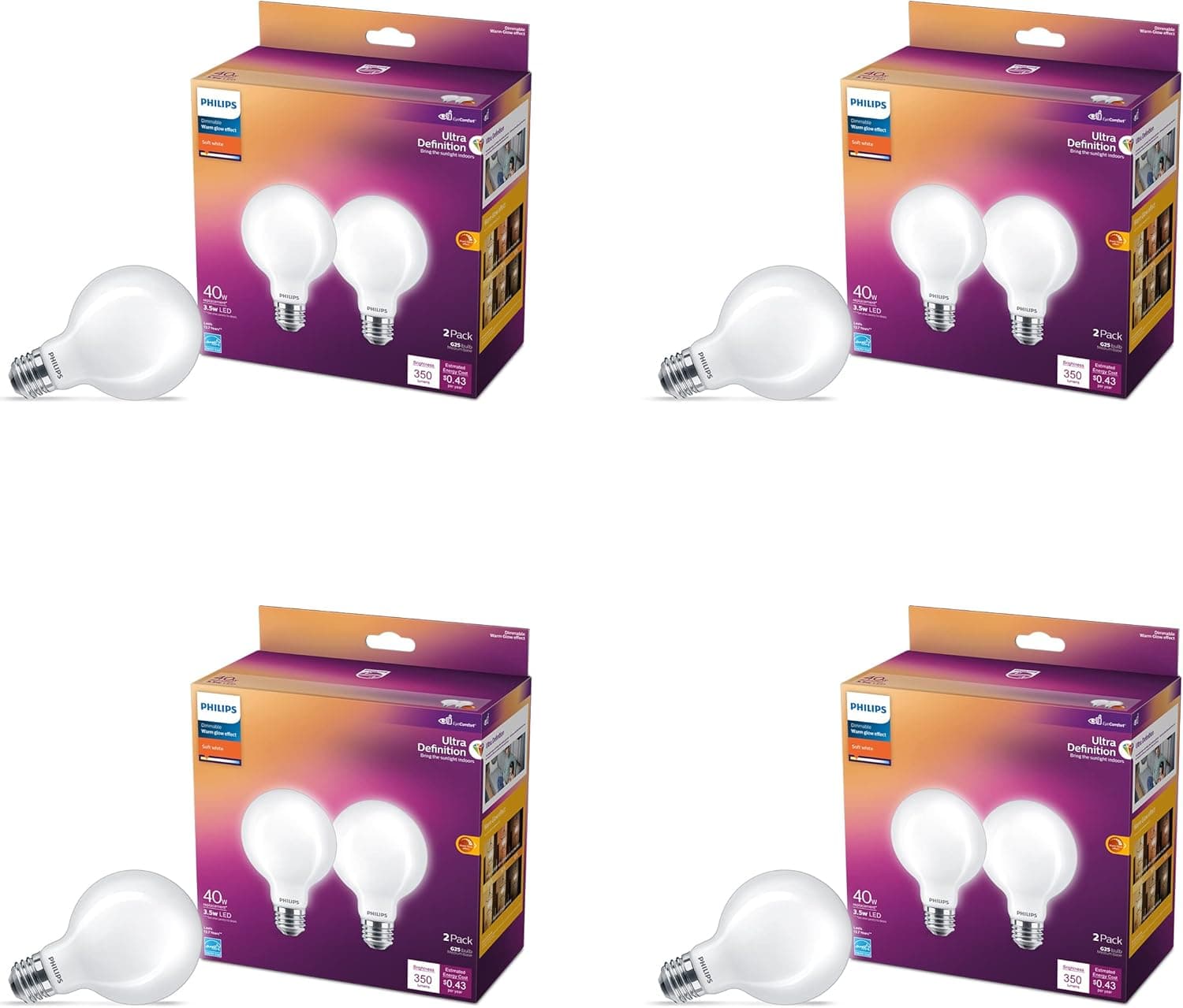 Philips LED Ultra Definition Flicker-Free Dimmable, Eye Comfort Technology, Soft White 2700K G25 Frosted Glass Light Bulb, 350 Lumen, 3.5W=40W, E26 Base, 2 Count (Pack of 4) (573352)