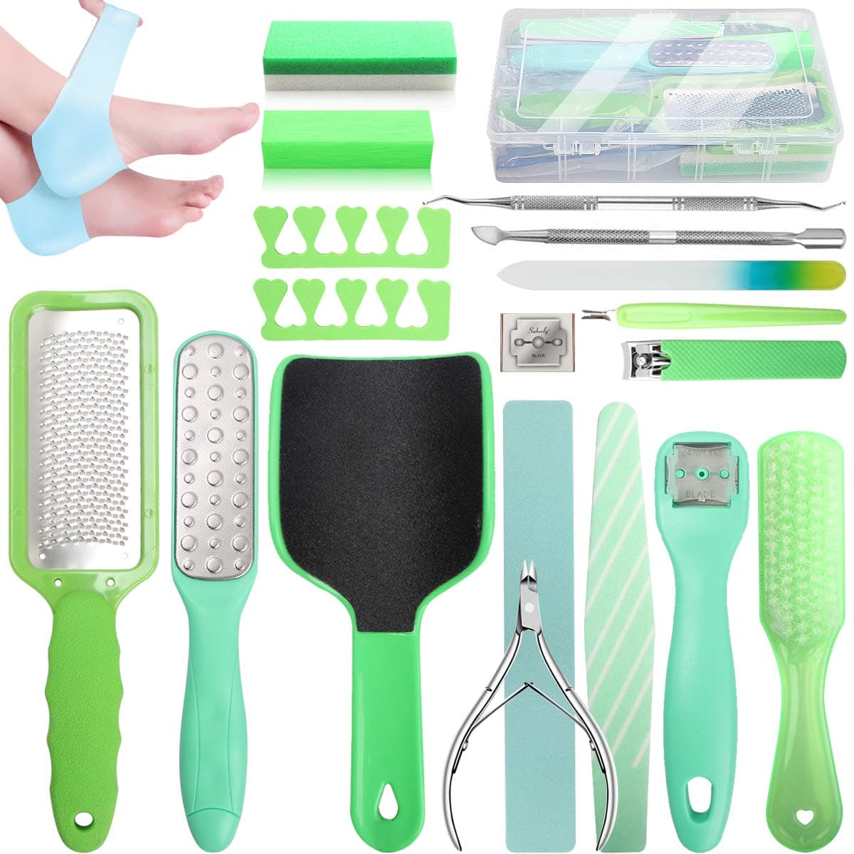 Professional Pedicure Kit SOFYE Foot Files Set Tools Double Sided Files Exfoliating Prevent Dead Skin Foot Skin Care Tool Set Salon Pedicure Kit Washable Effectively 23 in 1-Green