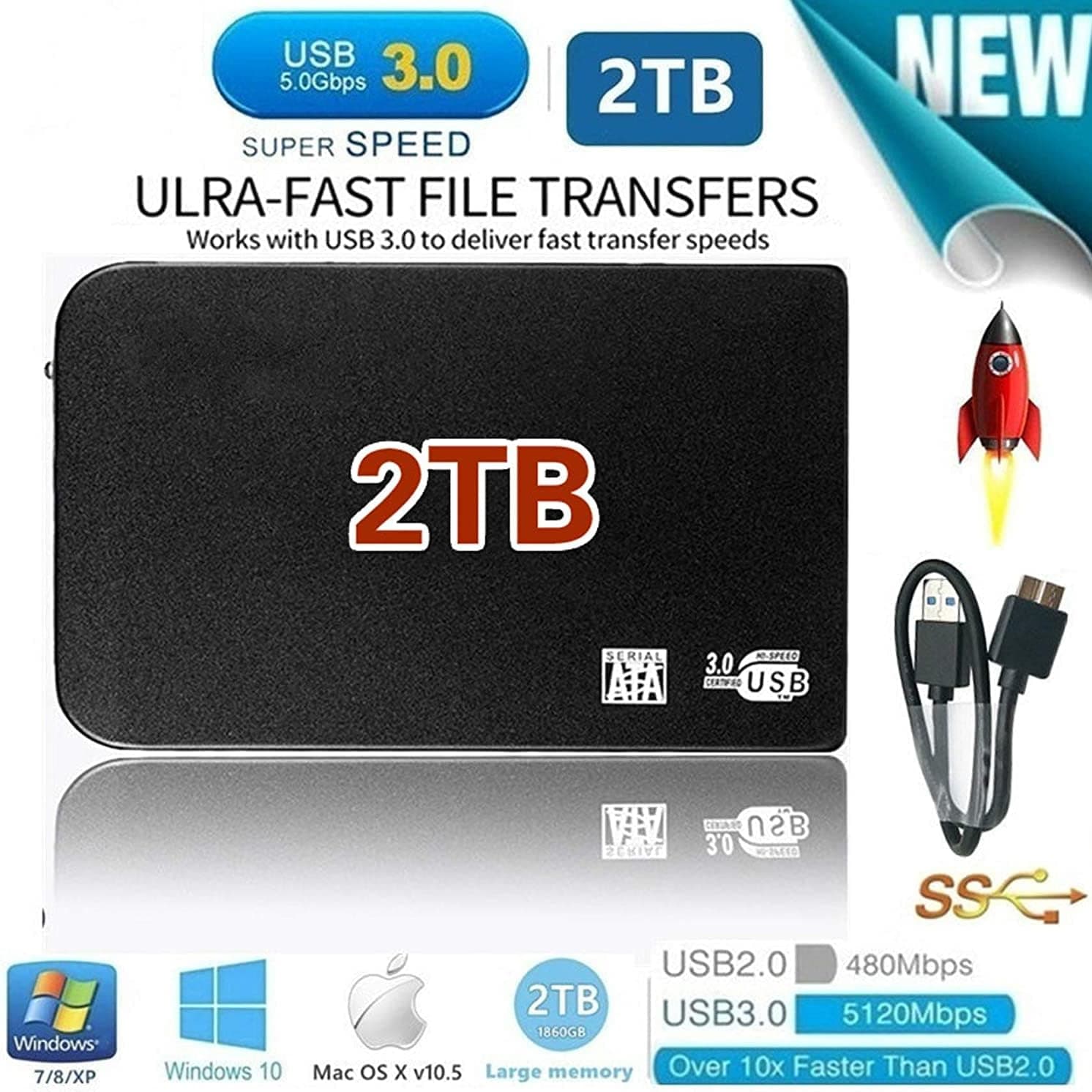 2tb External Hard Drive,USB 3.0 Portable Backup Hard Drive, for Pc, Xbox, Mac