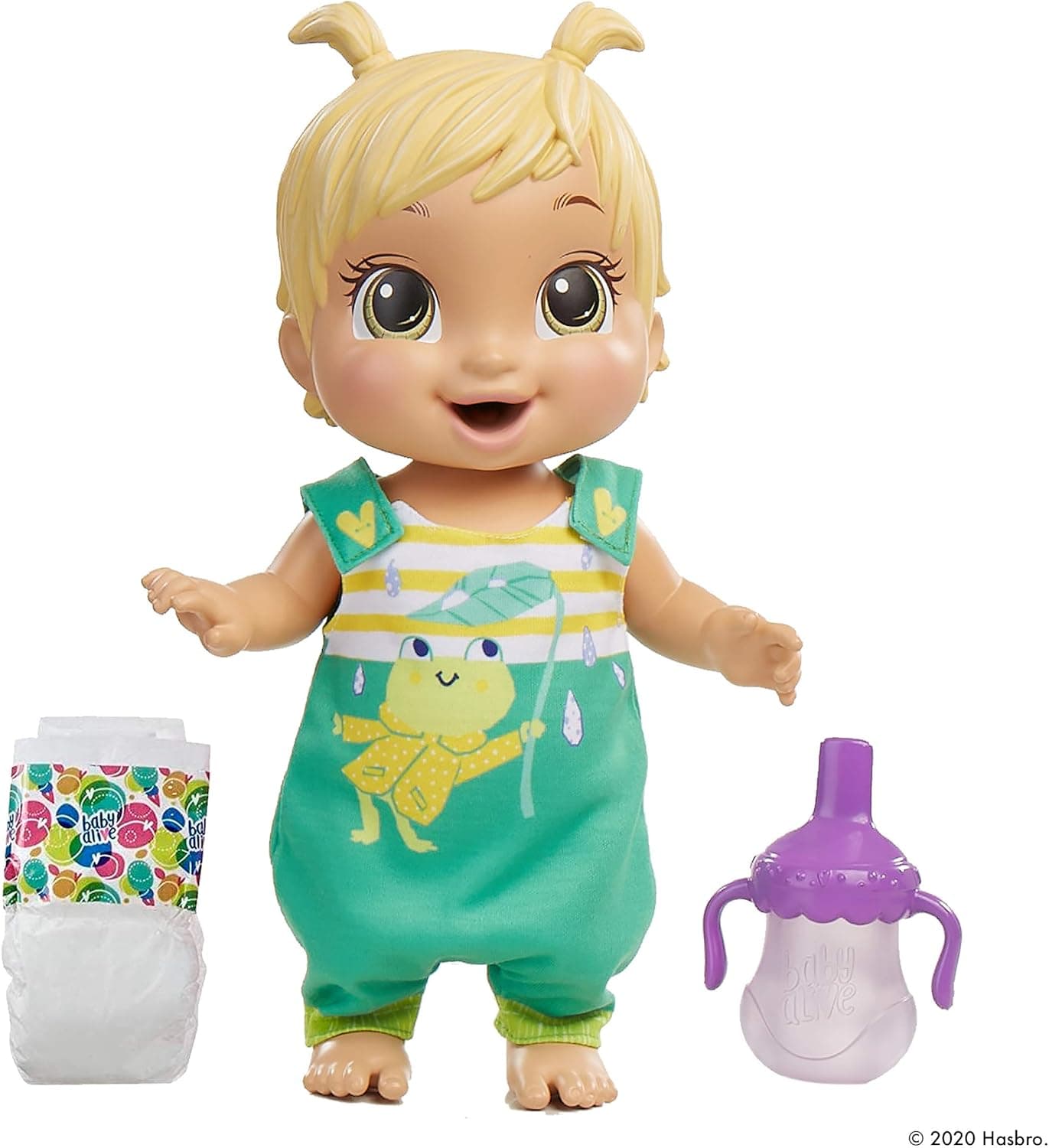 Baby Alive Baby Gotta Bounce Doll, Frog Outfit, Bounces with 25+ SFX and Giggles, Drinks and Wets, Blonde Hair Toy for Kids Ages 3 and Up