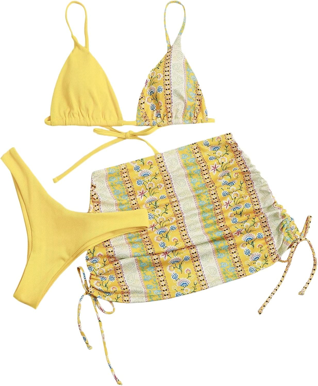 SOLY HUX Women's Floral Print Bikini Bathing Suits with Cover Up Beach Skirt 3 Piece Swimsuits Yellow Flower XS