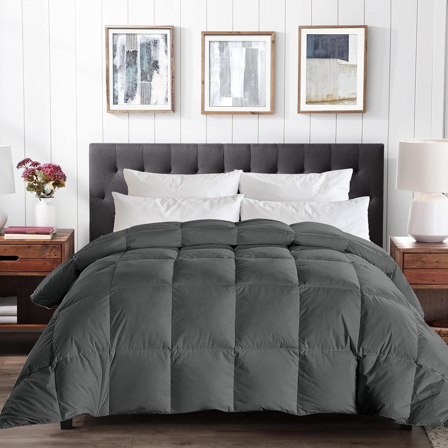 FASO Queen Gray Quilted Feather Comforter-Filled with Feather & Down -Lightweight Duvet Insert or Stand-Alone – 88×88 Inch