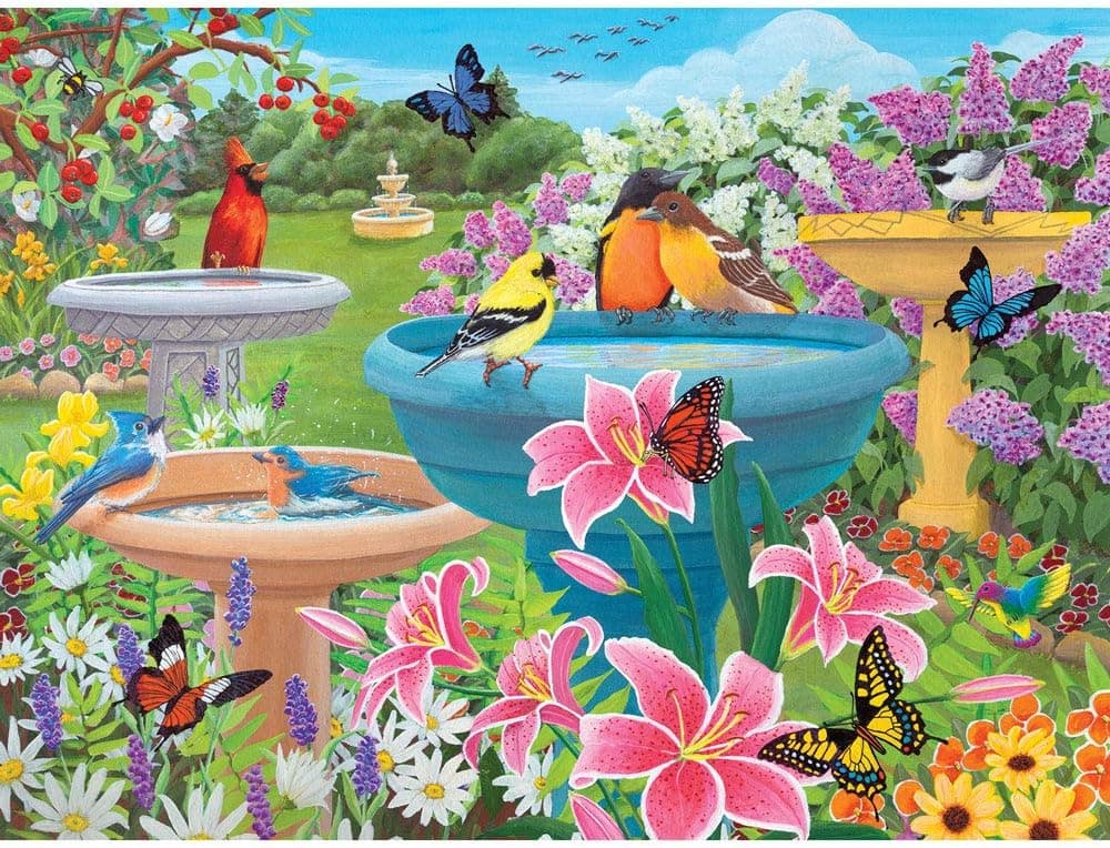 Bits and Pieces - 300 Piece Jigsaw Puzzle for Adults 18" x 24" - Birdbath Haven - 300 pc Butterfly Flower Bird Bath Spring Jigsaw by Artist Kathy Bambeck