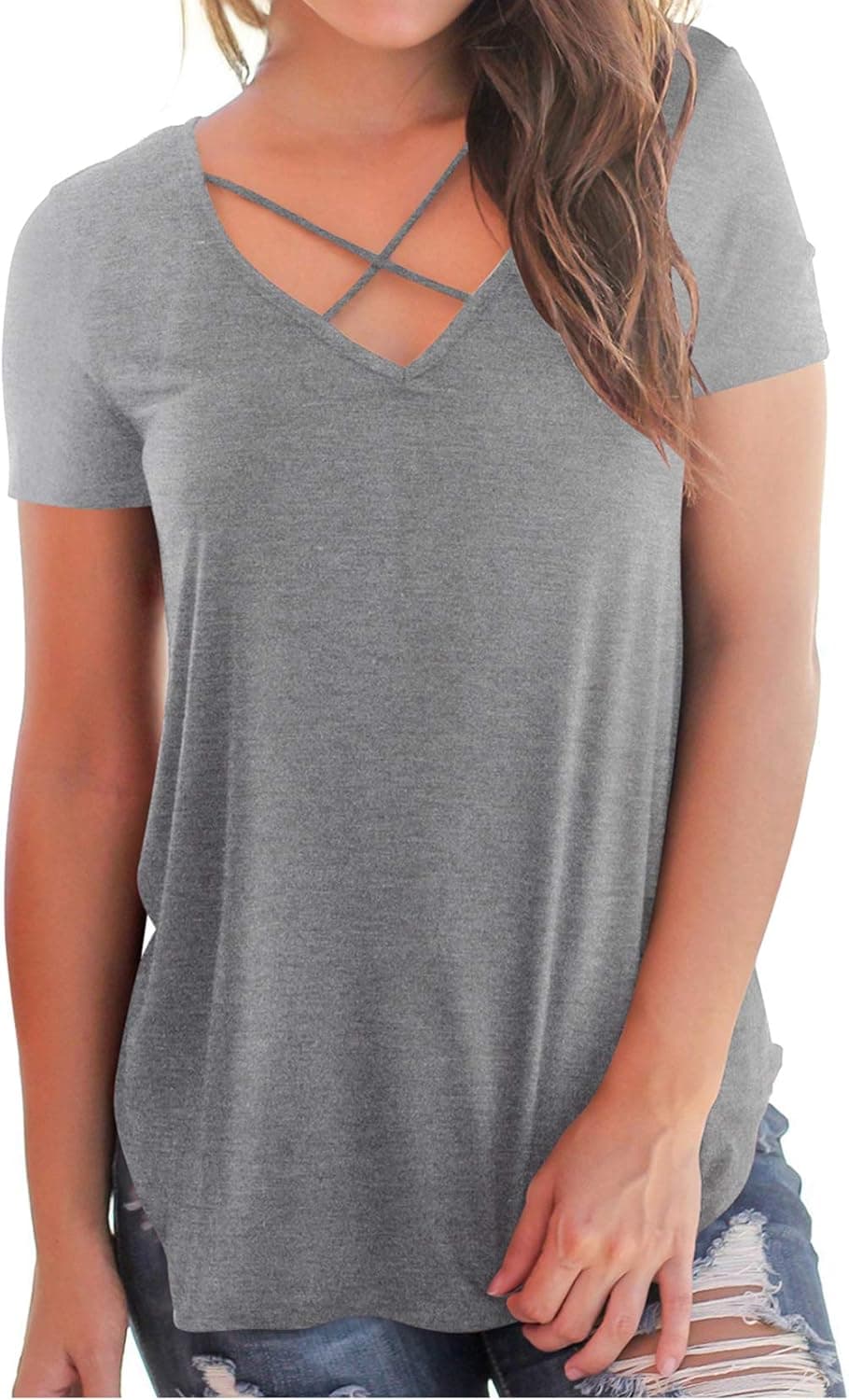 NIASHOT Womens T Shirts Short Sleeve V Neck Criss Cross Loose Fit Summer Tops