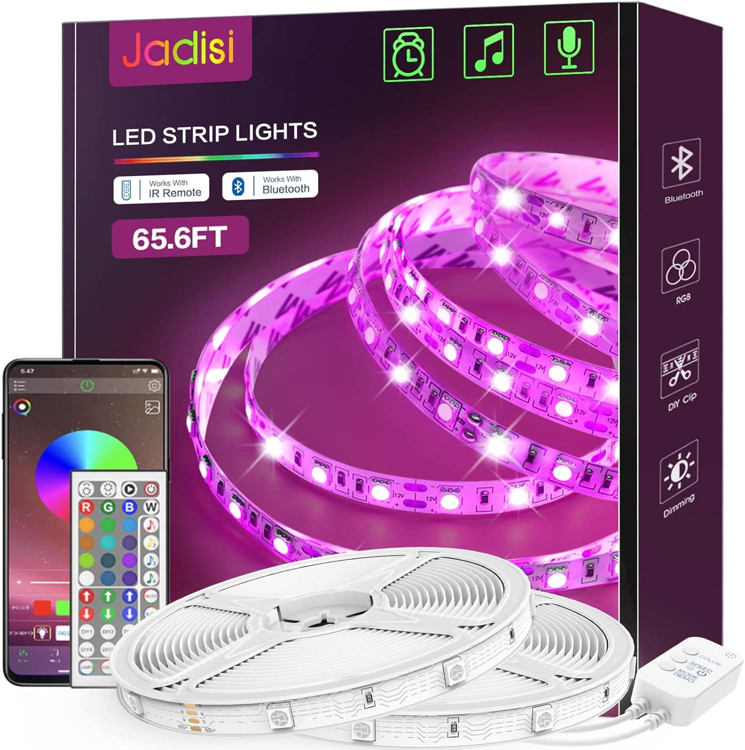 Jadisi Led Lights for Bedroom 65.6ft, Music Sync RGB Lights Strip Color Changing with App Remote Control Smart Led Strip Lights for Room, Ceiling, Kitchen, Party
