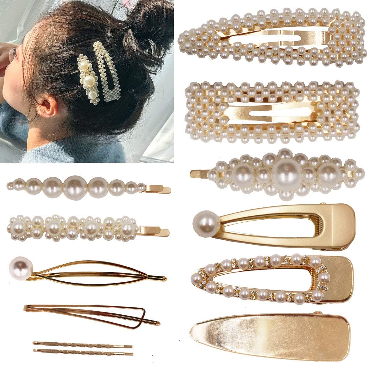 12PCS Pearls Hair Clips Elegant Hair Accessories for Girls Women Lady Bridal Weeding White Pearl Hairpins Clips Rhinestones Hair Barrettes (Gold Hair Clips)
