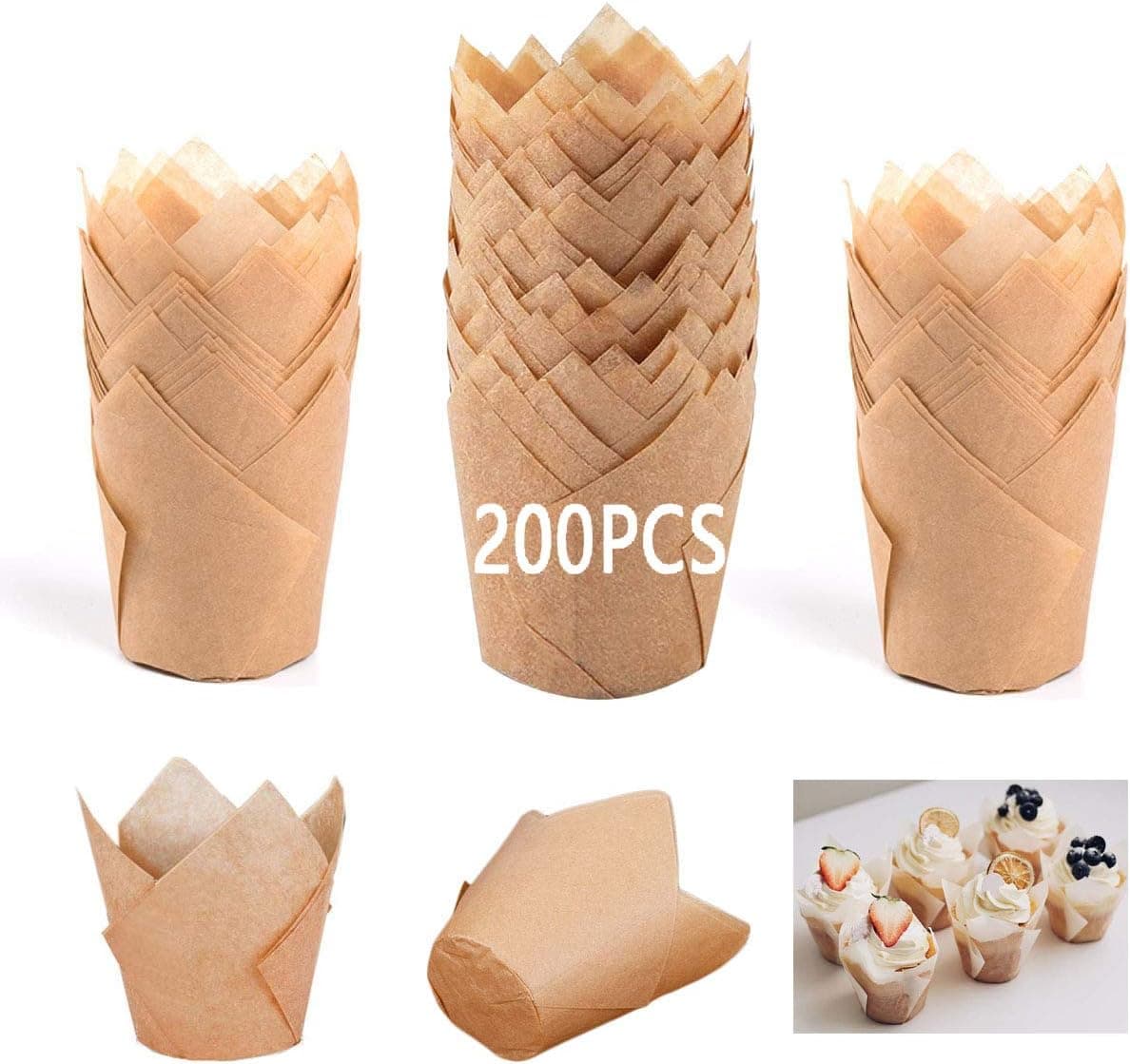 200Pcs Tulip Cupcake Liners, Natural Cupcake Muffin Liners Wrappers Greaseproof Muffin Baking Cups Cupcake Holder cupcake liners for Valentine's Day Weddings Birthdays Parties Baby Showers