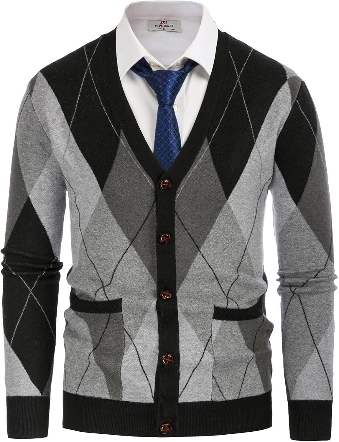PJ Paul Jones Mens V Neck Argyle Cardigan Sweater Contrast Knitwear with Pockets