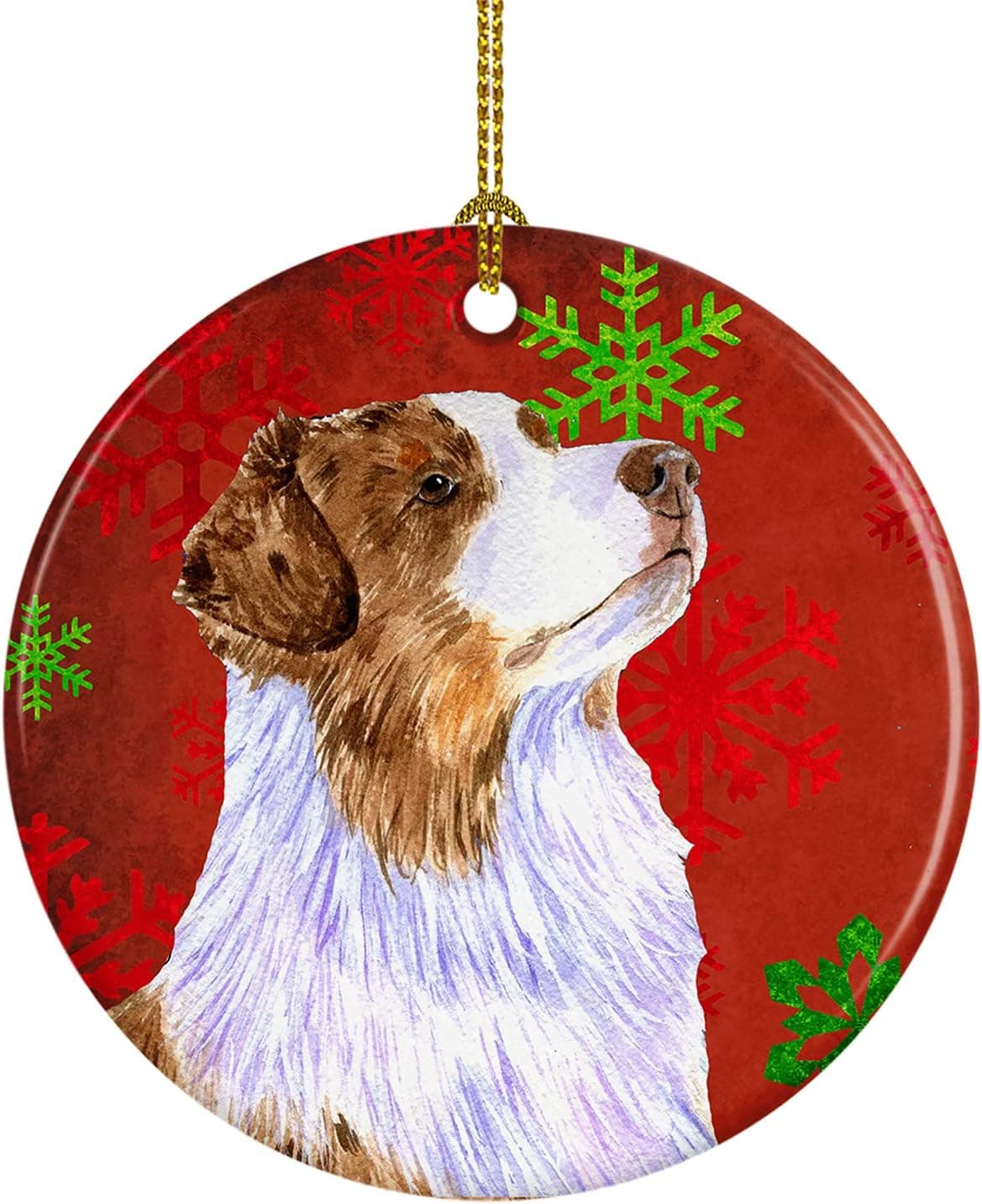 Caroline's Treasures LH9318-CO1 Australian Shepherd Red Green Snowflakes Christmas Ceramic Ornament, Christmas Tree Decorations for Home, Hanging Ornament for Christmas, Holiday, Party, Gift,