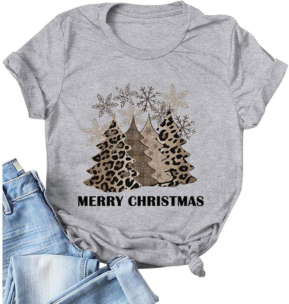 Womens Leopard Christmas Tree Snowflake Merry Xmas T-Shirt Its The Most Wonderful Time of The Year Holiday Graphic Tee Tops