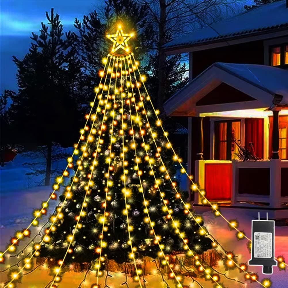 Christmas Decorations Outdoor Lights,11.8 ft 350 LED Star Christmas Tree Lights with Topper Star String Lights Plug in, 8 Lighting Modes Christmas Lights for Yard,Wedding,Party,Christmas Decorations