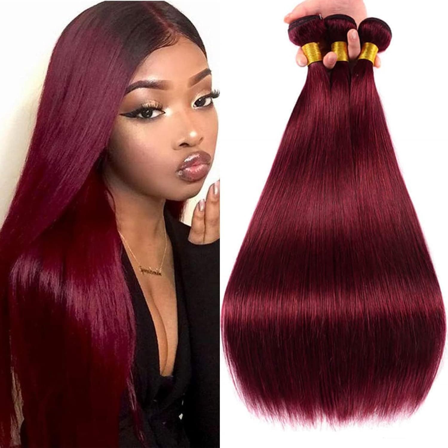 Burgundy Bundles 10A Straight Human Hair 3 Bundles Brazilian Remy Hair 99j Bundles 100% Unprocessed Hair Weave Wine Red Straight Bundles Human Hair Extensions (24 26 28, 99j)
