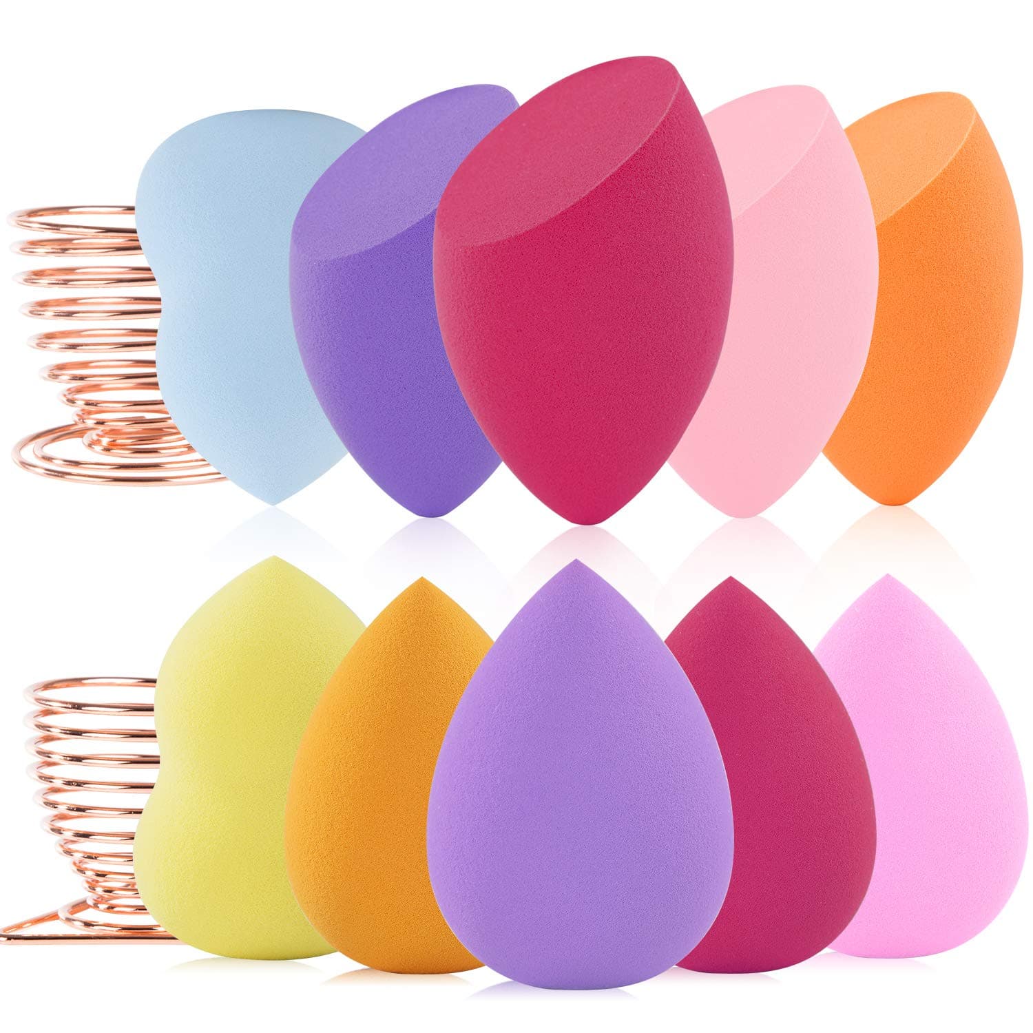 Makeup Sponges Blender Set Beauty Foundation Blending Egg Stand, Cosmetics Sponge Blender Applicators for Powder Cream or Liquid, 10pcs Beauty sponges and 2pc Makeup Sponges Holders