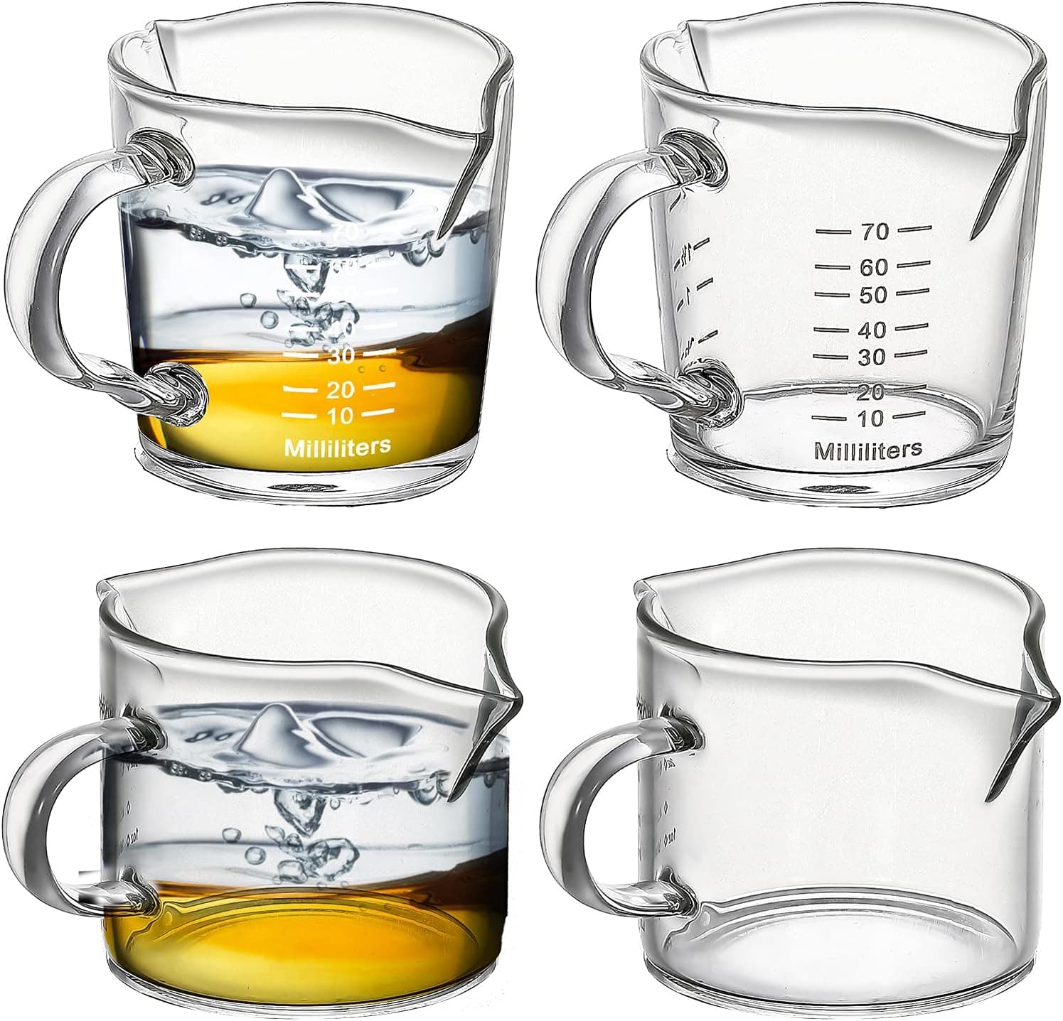 4 Pieces 70 ml and 75 ml Double Mouth Glass Measuring Cup Mini Spouts Shot Espresso Measuring Glass with Pouring Handle for Party Bar Cocktail Juice Milk Coffee