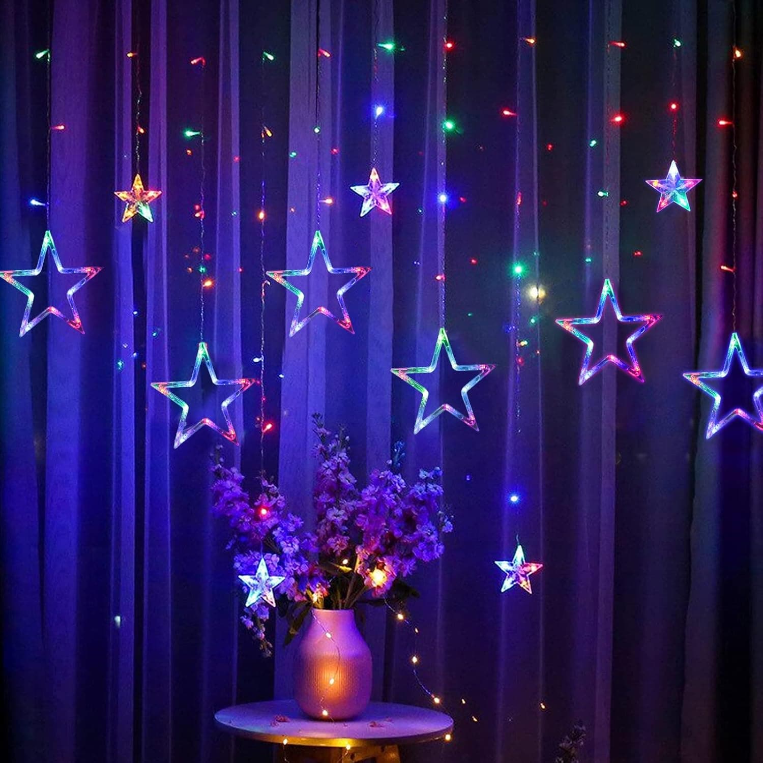 Curtain Lights 138 LED 12 Star Multicolor Christmas Lights 8.2ft Connectable Window Lights with Remote Plug in Curtain String Lights for Indoor Outdoor Room Birthday Wedding Party Christmas Decor